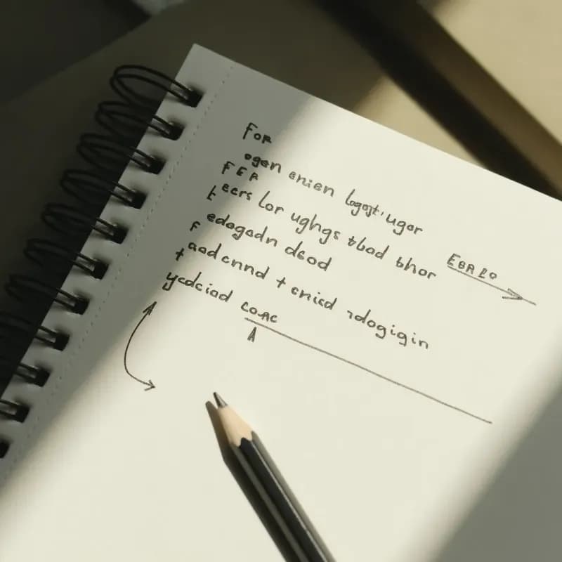 Spiral notebook page with handwritten pencil pseudocode using FOR, IF/THEN, and ELSE structure