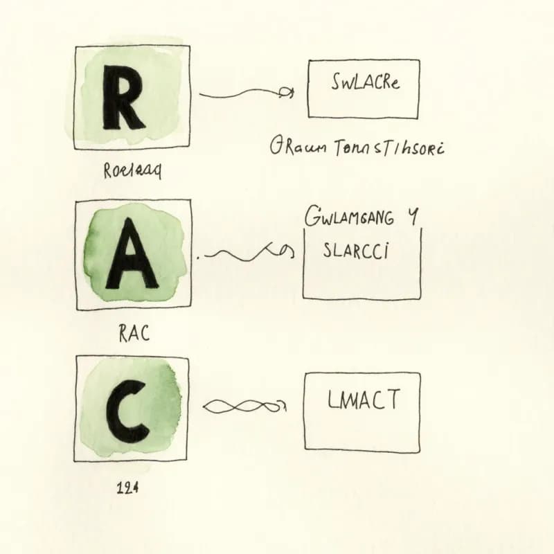 Three RACI badges R, A, C connected by lines to rectangles in three swimlanes