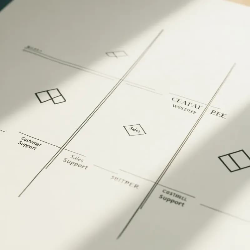 Wide paper divided into three horizontal lanes labelled Customer, Sales, Support with simple shapes scattered in each lane