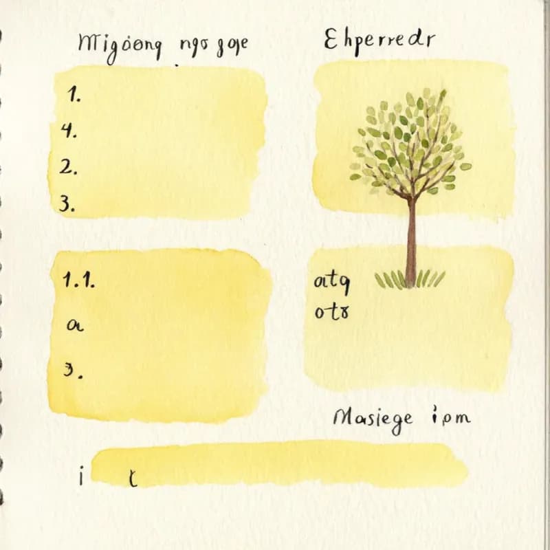 Mixed numbered list (1, 1.1, a, i) on left and a pen-drawn parent-child tree on right